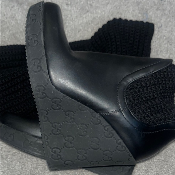 Gucci GG Monogram Leather Knit Sock Wedge Boots 36.5 - Picture 1 of 7